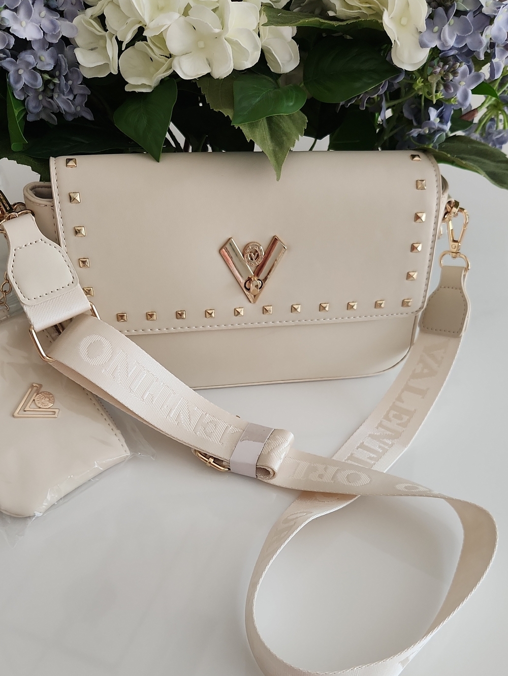 Valentino Orlandi Cream Crossbody with Gold Studs